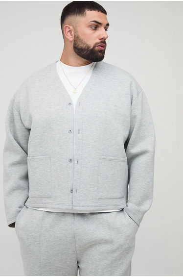 Plus Scuba Marl Embroidered Boxy Oversized Cardigan - grey marl