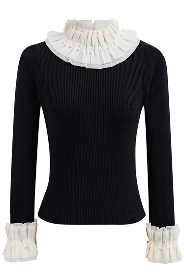 Pearl Ruffle Organza Adorned Knit Top in Black