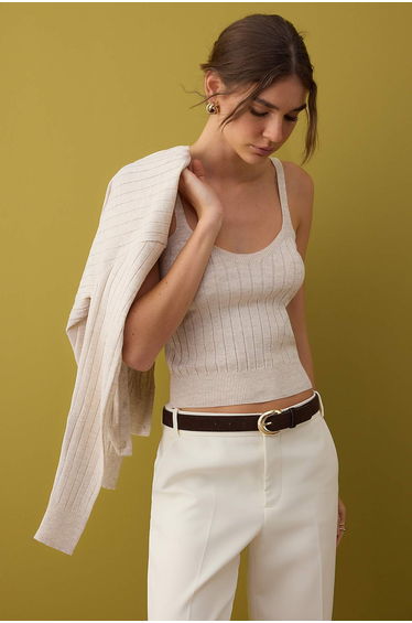 Beige 2-Piece Basic Knitwear Cardigan-Blouse Set