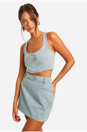 Dsgn Badge Vintage Tint Stripe Denim Crop Top - vintage wash