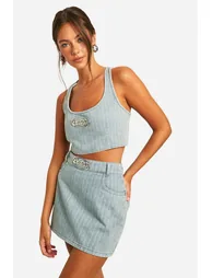 Dsgn Badge Vintage Tint Stripe Denim Crop Top - vintage wash