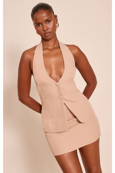 Beige Woven Waist Coat Mini Dress