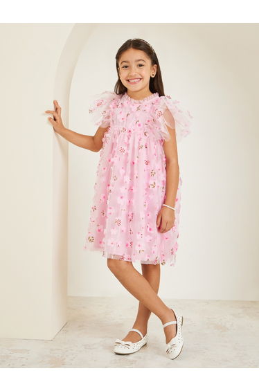 Girls Pink Mesh Flower Embroidered Dress