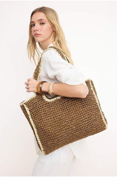 Brown Straw Medium Size Women's Shoulder Bag