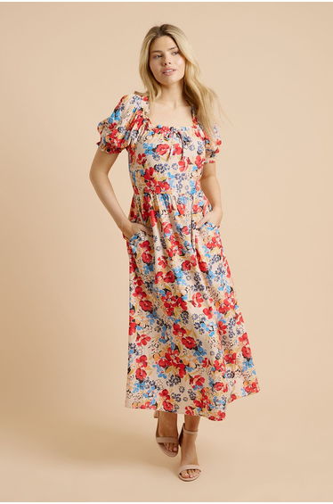 Floral Stitch Tie Detail Puff Sleeve Printed Midi Dress