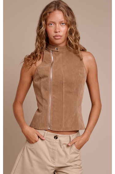 Tan Faux Suede Zip Up Sleeveless Top