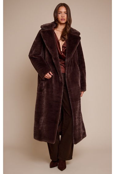 Chocolate Faux Fur Tie Waist Maxi Coat