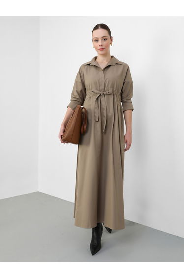 Brown Maxi Dress with Drawstring Tie Belt