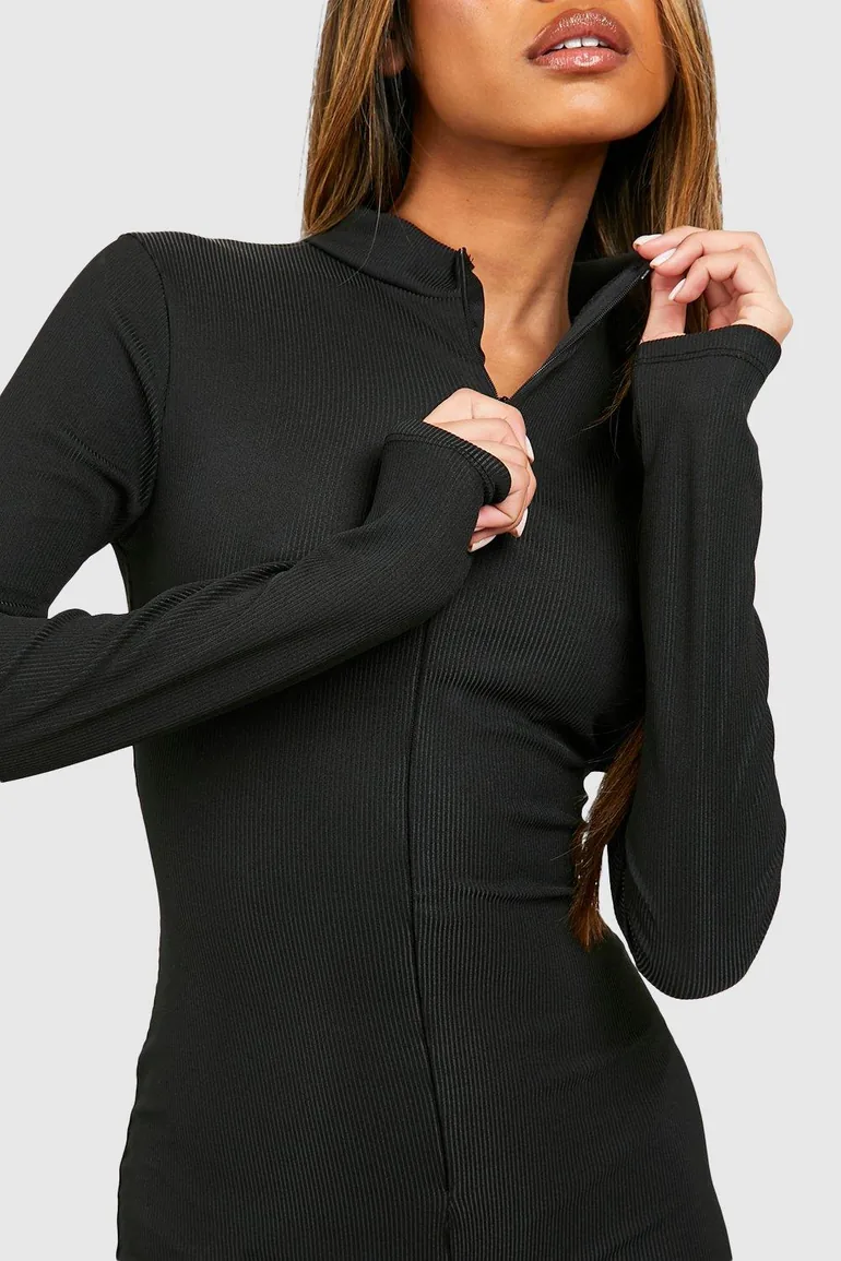 Basic Ribbed Zip Up Skinny Jumpsuit - black - 3