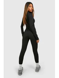 Basic Ribbed Zip Up Skinny Jumpsuit - black - 2