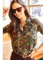 Women's Green Pastel Floral Fold Sleeve Viscose Shirt