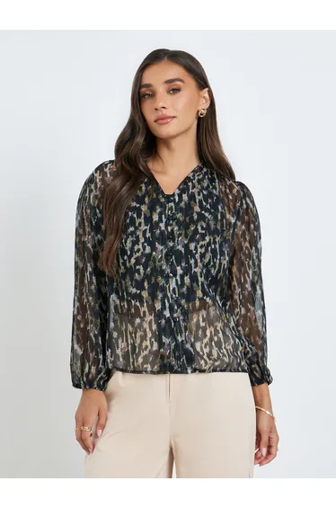 Black Print Sheer Balloon Sleeves Blouse