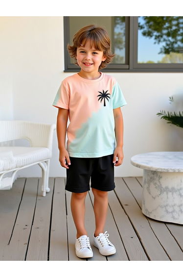 Kids 2pcs Multicolor Palm Tree Printed T-Shirt and Shorts Set