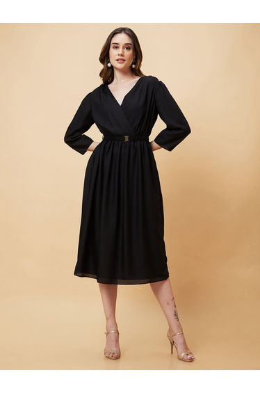 Solid V-Neck A-Line Midi Dress with 3/4 Sleeve