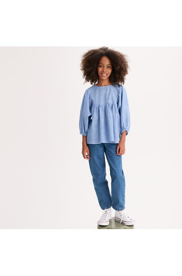 Striped Crew Neck Blouse with Long Puff Sleeves