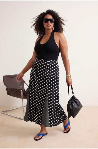 Black-White Polka Dot Patterned Knitted Plus Size Skirt