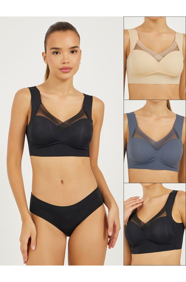 Pack of 3 - Padded Non Wired Full Support Mesh Cross Over Front Detail Crop Top