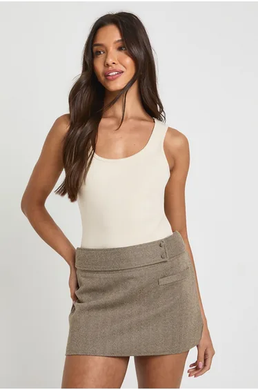 Herringbone Button Detail Tailored Skort - tan