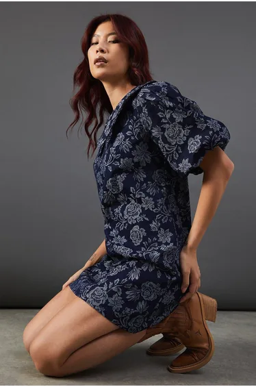 فستان قصير دينيم جاكار - زهري