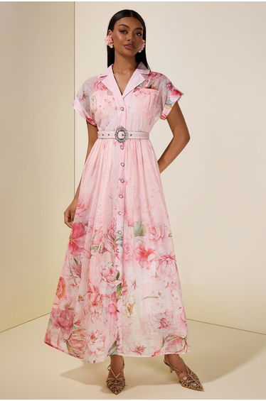 Floral Single Breasted Midi Dress With Belt