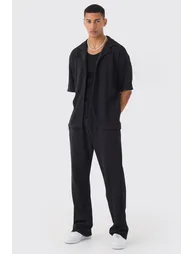Oversized Waffle Shirt & Relaxed Jogger Set - black