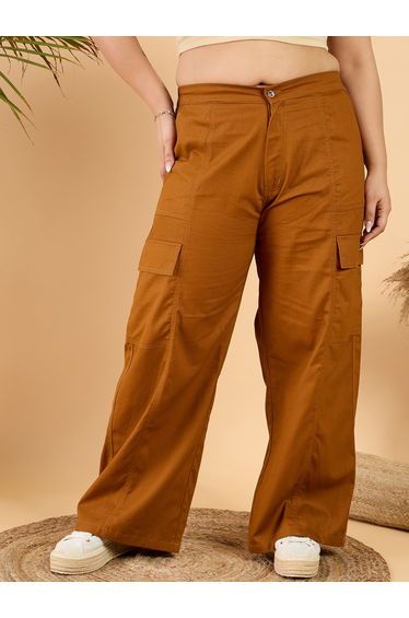 Plus Size Mid Rise Wide Leg Cotton Trousers