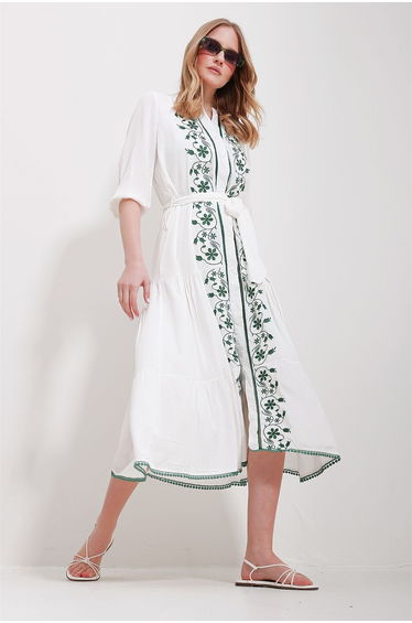 Women's White Large Collar Front Buttoned Skirt Frilly Maxi Length Embroidered Dress