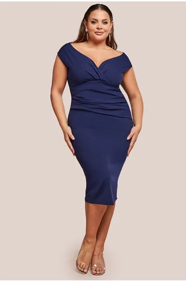 Scuba Bardot Pleated Midi Dress - Navy by Goddiva Plus