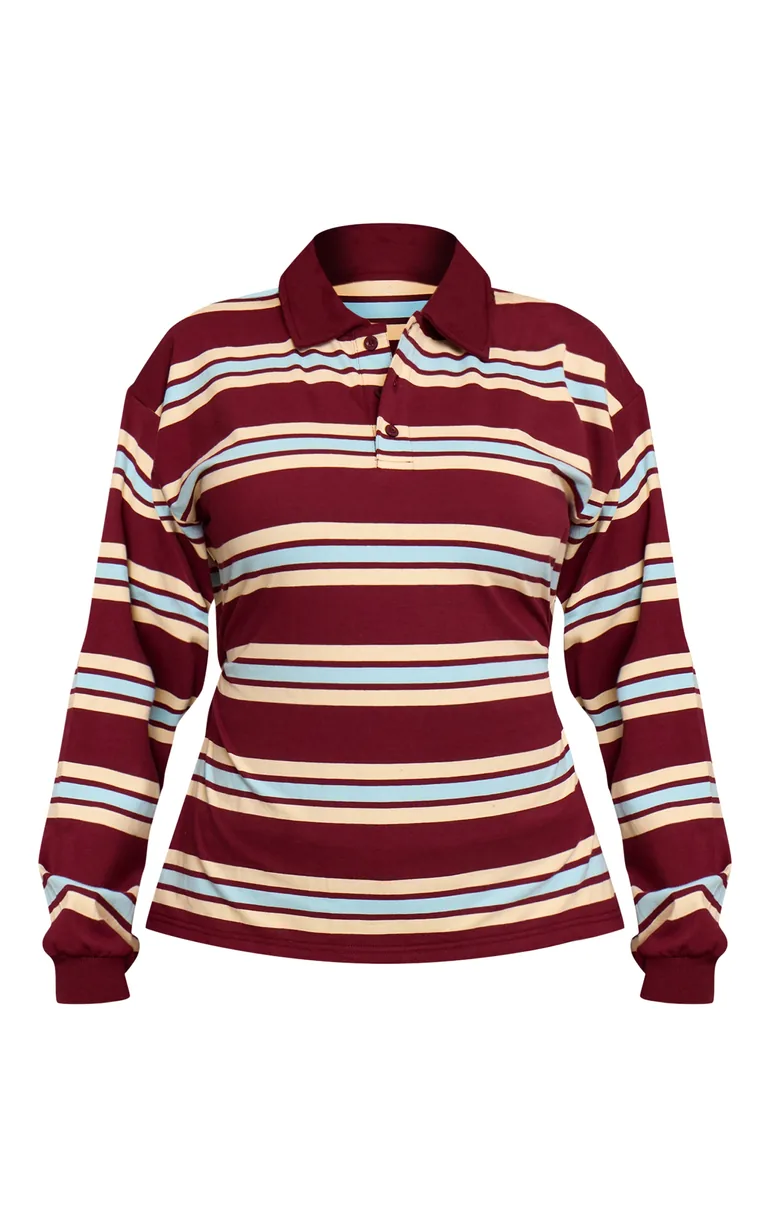 Shape Burgundy Striped Cinched Waist Polo Top - 4