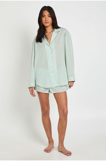 Cotton Pinstripe Oversized Long Sleeve Shirt & Short Pyjama Set - green