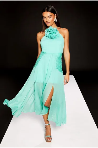 Runway 1.8.1.8 Corsage Detail Halter Neck Maxi Dress