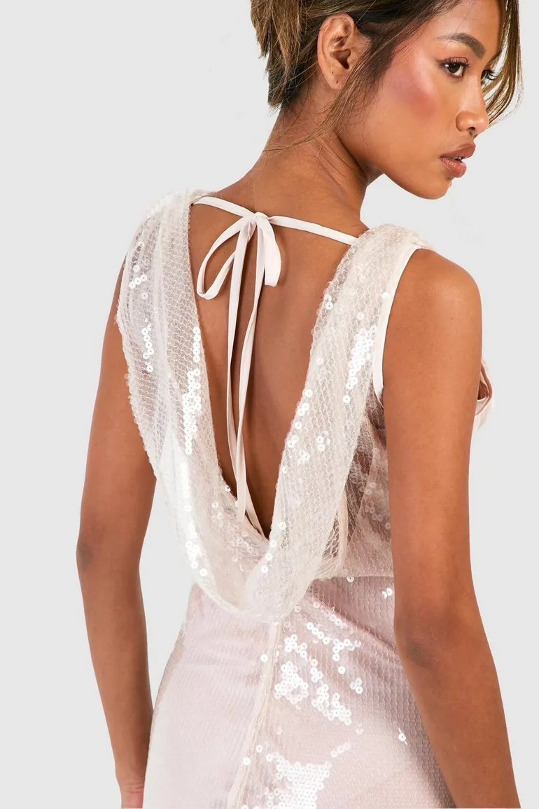 Sequin Extreme Cowl Backless Maxi Dress - nude - 2