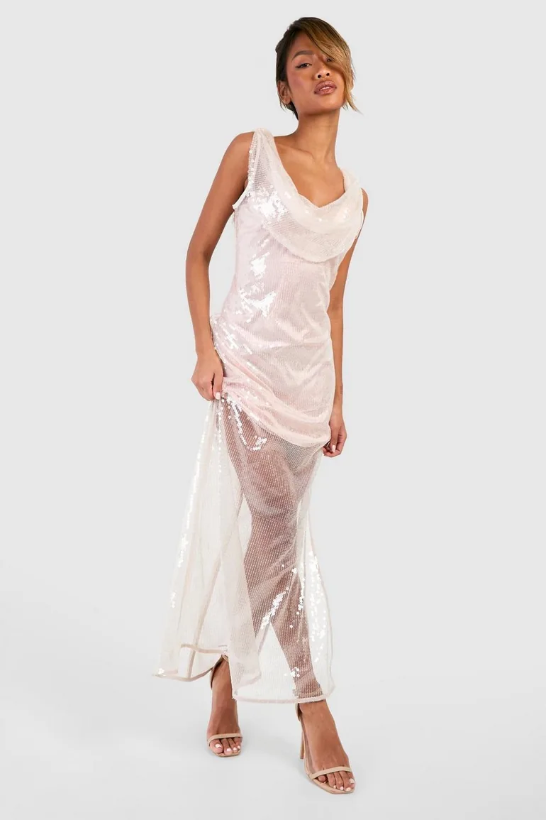 Sequin Extreme Cowl Backless Maxi Dress - nude