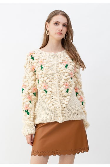 Stitch Floral Diamond Pom-Pom Hand Knit Cardigan