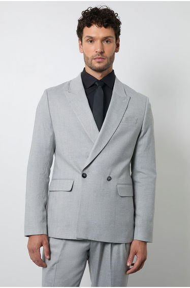Grey Herringbone Double Breasted Blazer