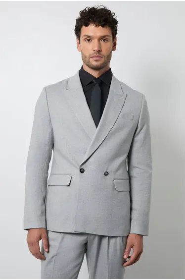 Grey Herringbone Double Breasted Blazer
