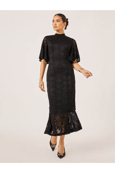Flutter Sleeve Fitted Lace Midi Dress