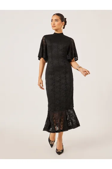 Flutter Sleeve Fitted Lace Midi Dress