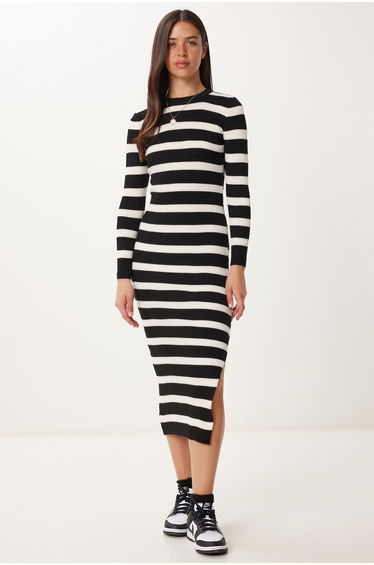 Women's Black Bone Striped Slit Wrap Stretchy Knit Dress