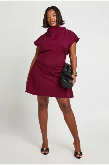 Plus Asymmetric Ruched Cap Sleeve Shift Dress - berry