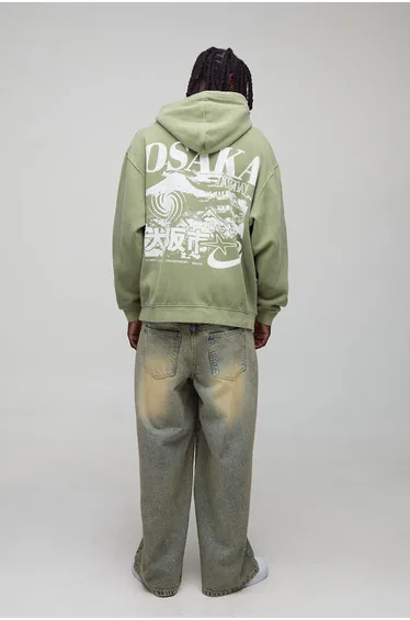 Oversized Washed Green Osaka Printed Hoodie - green