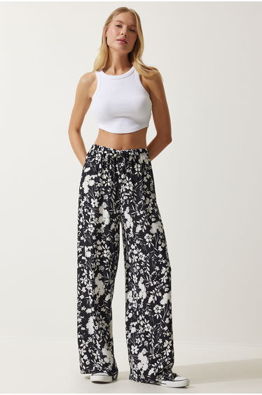 Women's Black Patterned Flowy Viscose Palazzo Trousers