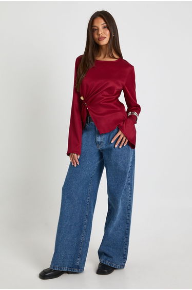 Flare Sleeve Gold Trim Detail Blouse - wine