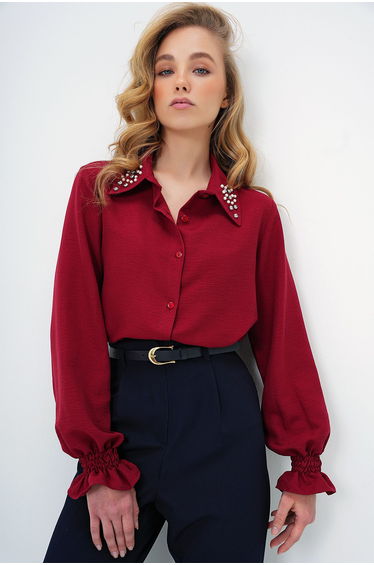 Women's Burgundy Pearl and Stone Embroidered Aerobin Shirt
