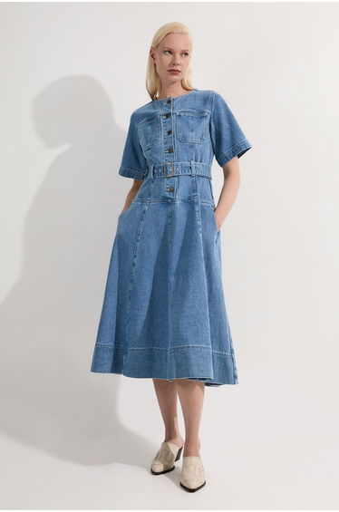 Petite Denim Soft Wash Short Sleeve Belted Midi Dress