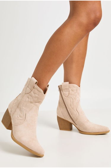 Faux Suede Embroidered Western Ankle Boots - cream
