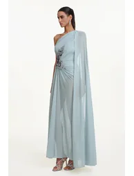 Kaylee Elegant Flowy One Shoulder Sequin Embroidered Ruched Mesh Maxi Dress - 3