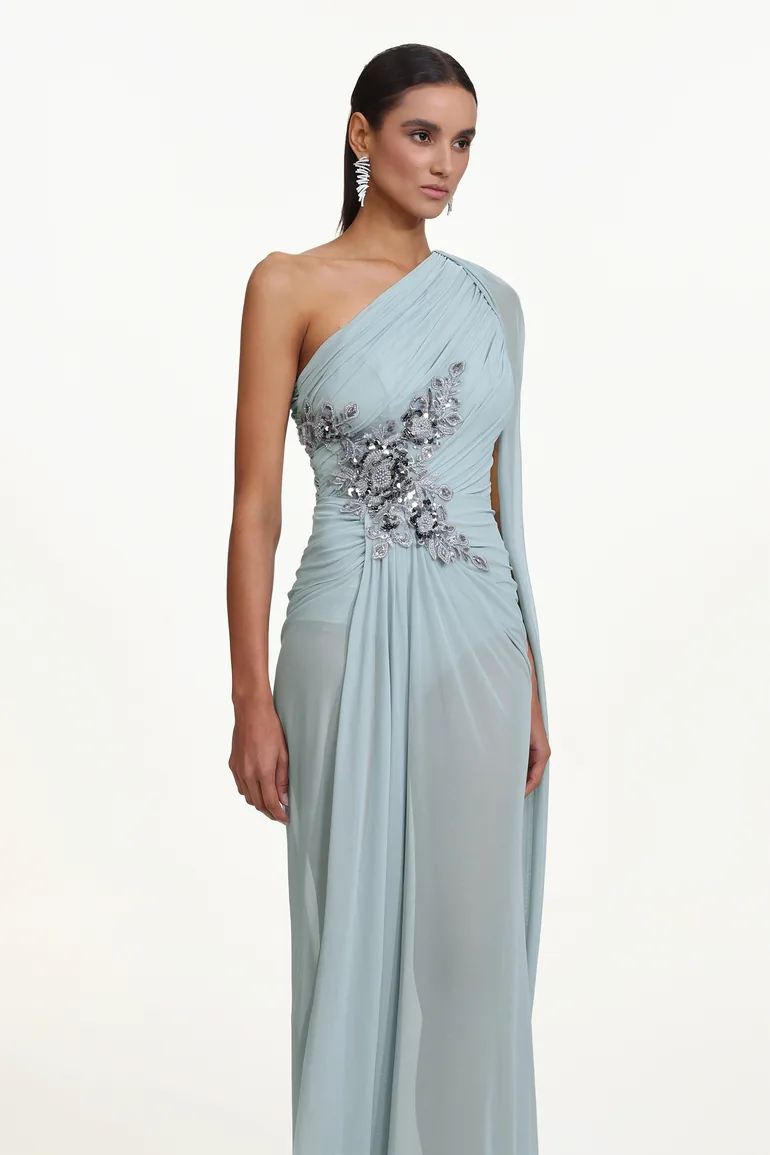 Kaylee Elegant Flowy One Shoulder Sequin Embroidered Ruched Mesh Maxi Dress - 2