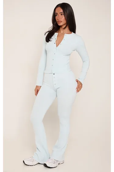 Petite Light Blue Contour Rib Long Sleeve Button Up Long Top