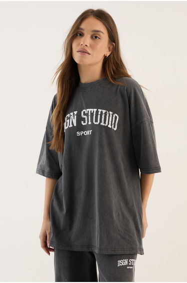 DSGN Studio Collegiate Printed Oversized T-Shirt - charcoal